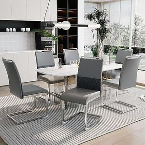 VSOGA Moderne eetkamerstoelen, set van 6, rugleuning van PU-kunstleer en linnen, hoge gevoerde rug, grijs