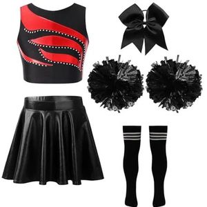 Cheerleader-uniformen Kinderen Meisjes Cheerleader-Jurken Mouwloos Cheerleader-Uniform Patchwork Crop Top Metallic Rok Hoofddeksels Handbloem Sokken (Kleur: A Rood Zwart, Maat:
