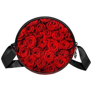 Ronde Crossbody Tas Messenger Bag Purse voor Vrouwen Romantische Rode Rose Bloemen Patroon, Meerkleurig, 6.7x6.7x2.3 in, Sling Rugzakken