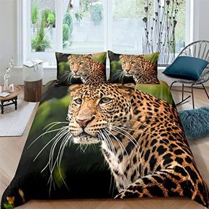 Jungle Wildlife Animal Decor Dekbedovertrek met Kussenslopen 3D Dier Cheetah Luipaard Grote Kat Patroon Beddengoed Set 2/3 Stks Microfiber Groen Zwart Dekbedovertrek Voor Tieners Jongens (Kleur 1.200 x 200 cm)