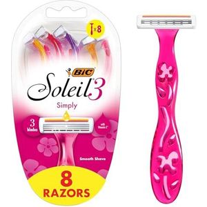 BIC Soleil Simply Smooth Wegwerpscheermesjes voor dames, 3 mesjes met vochtstrip voor een zijdezachte scheerbeurt, 8-delige scheermesset