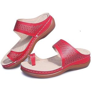 Orthopedische Sandalen for Dames Retro Sleehak Slippers Zomer Peep Toe Pantoffels PU Lederen Clip Teen Pantoffels Rubberen Platform Pantoffels Vrijetijdsstrandschoenen (Color : Red, Size : 38 EU)
