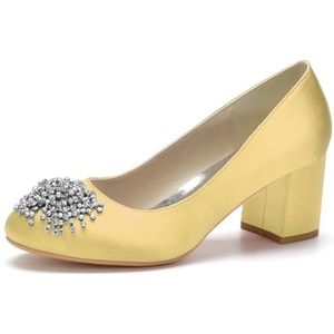 HFWXYSA Bruidsschoenen voor dames met brede hak, pumps met ronde kant, strassteentjes, satijn, bruiloftsschoenen, goud., 41W