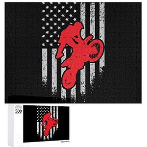 Motocross Crossmotor VS Amerikaanse vlag puzzel voor volwassenen gepersonaliseerde houten puzzel foto kunstwerk voor thuis wanddecoratie cadeau 500 stuks