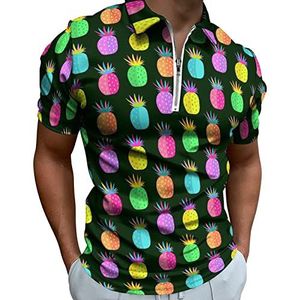 Crazy Ananas Patroon Heren Poloshirt met Rits T-shirts Casual Korte Mouw Golf Top Classic Fit Tennis Tee