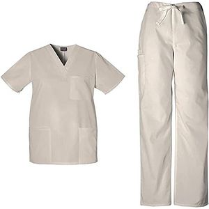 Cherokee Workwear Originals Scrub Sets voor Vrouwen en Mannen, 6 Pocket Medical Scrubs met V-hals Top 4876 & Trekkoord Cargo Pant 4100, Kaki - M Top/S Tall Pant