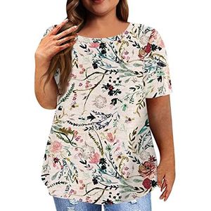 Union Jack T-shirt vrouwen UK Plus Size Zomer Tops Losse Fit Bloemen Gedrukt T-shirts Dames Casual Korte Mouw Tops Ronde Hals Tuniek Blouse, F-beige, 3XL