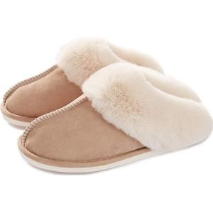 Dames Sloffen Warm Winter Slippers Nepbont Zacht Plat Pluche Pantoffels Antislip Outdoor/Indoor Kaki 40.5-42