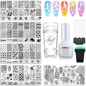 AIMEILI Nail Stamper Nail Art Stempelen Sjablonen Manicure Tool Kit, 5 Stuks Nail Stamping Plates, 2 Stamper, 2 Schraper, French Tip Nail Art Print Set
