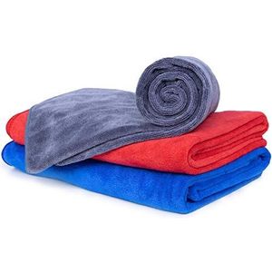Cosey - Set van 3, pluizig microvezel handdoek Maat L, 60 x 120 cm, Grijs/Rood/Donkerblauw