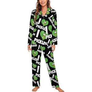 I Love Pickles Grappige Pyjama Sets met Lange Mouwen voor Vrouwen Klassieke Nachtkleding Nachtkleding Zachte Pjs Lounge Sets
