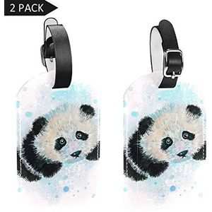 PU lederen bagagelabels naam ID-labels voor reistas bagage koffer met rug Privacy Cover 2 Pack,Aquarel geschilderd schattige Panda
