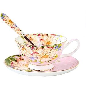 Gift Set Vintage Fine Bone China Tea Cup Spoon and Saucer Set Gold Trim Fine Dining and Table Décor (Pink Rose)