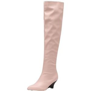 2025 Nieuwe Overknee Laarzen for Dames Elegante Lange Laarzen Met Hak Mode Puntige Neus Hoge Hakken PU Leer Antislip Warme Brede Buis Instapschoenen(Pink,43 EU)