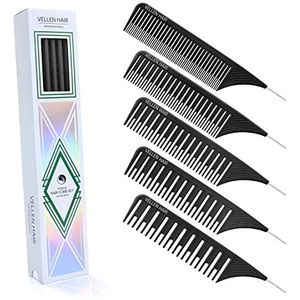 Vellen Hair Ultimate Haarkamset, hittebestendig, PEI-materiaal, 100 graden Celsius hittebestendig, professionele strengenkam, balayagekam met extra lange roestvrijstalen naald, 5 maten (zwart)