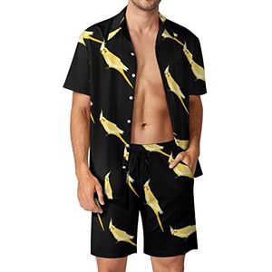 Yellow Parrot Hawaiiaanse bijpassende set 2-delige outfits button down shirts en shorts voor strandvakantie