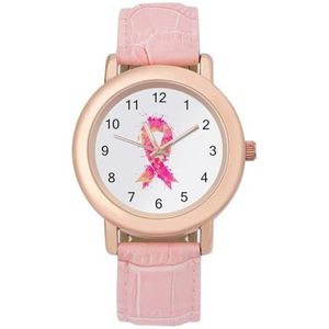 Aquarel Roze Lint Vrouwen Horloge PU Band Polshorloge Quartz Roze Valentijnsdag Gift