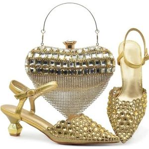 Schoen- en tassenset voor dames, elegantie, party, strass, puntige neus, damesschoenen, hoge hak, Goud, 43 EU