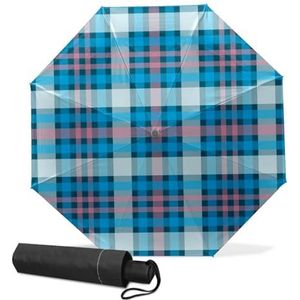 GISPOG Automatische opvouwbare paraplu, klassieke blauwe roze geruite waterdichte compacte zon en regen reisparaplu's voor dames en heren, 1 kleur, Eén maat