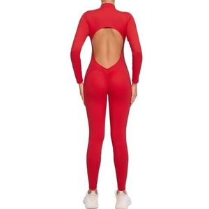 ROEUIPG Yogapak voor dames, sportkleding, ritssluiting, lange mouwen, open rug, fitnesspak, strak, gymnastiektuinbroek, sportbody (rood, M)