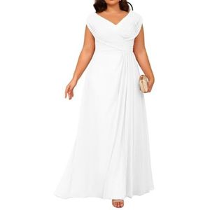 Dames chiffon moeder van de bruid jurk voor bruiloft ruches galajurken cocktailjurk plus size, Wit, 32