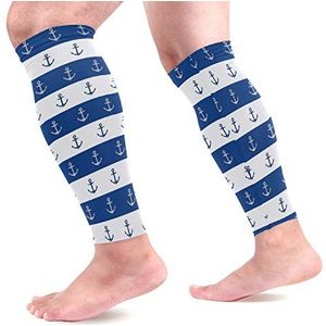 EZIOLY Blauw Wit Anker Sport Kalf Compressie Mouwen Been Compressie Sokken Kalf Guard voor hardlopen, Fietsen, Moederschap, Reizen, Verpleegkundigen