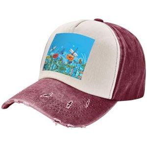 TyEdee Libelle en bloemenprint verstelbare papa hoed, veelzijdige honkbalpet, outdoor hoed voor dames, cadeau voor Vaderdag, Donkerrood, Eén Maat