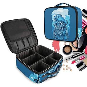 Blauwe kunst piraat schedel vis make-up tas toilettas rits make-up cosmetische tassen organizer zakje voor gratis compartiment vrouwen meisjes
