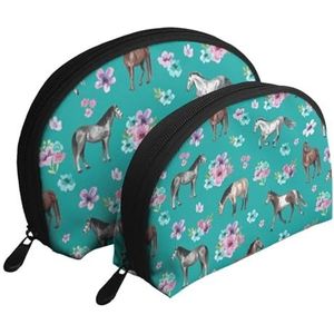 Make-uptas, reizen cosmetische tas 2 stuks draagbare clutch zakje set zakje organisator paard patroon bloemenprint kleine meisjes kamer paarden, zoals afgebeeld, Eén maat