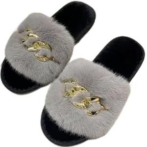 XHYDDLKJ Open Teen Sliders Voor Meisjes Warme Pluizige Slippers Ketting Ontwerp Vrouwen Thuis Slippers Winter Indoor Open Teen Platte Antislip Vrije Tijd Vrouwelijke Schoenen, Gray01, 37/38 EU