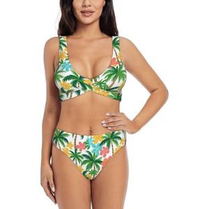 Zelinge Dames bikinisets sportief 2-delig badpak hoog getailleerd badpak S-XXL, Tropische Palmen Bloemen, S