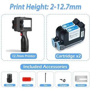 Reliëfmachine, 12,7/25,4 mm draagbare inkjetprinter for QR-barcode, batchdatum, nummer, vervaldatum, codeermachine, 25 talen(2 Cartridges-12.7mm)