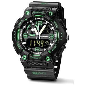 Militaire horloges voor heren, 5 atm waterdichte buitensporthorloges, analoge digitale dual display led Watch, zakelijke casual elektronische chronograaf,Black green