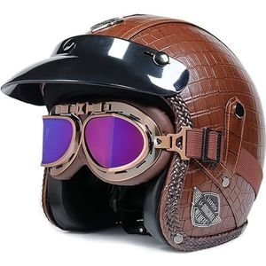 Jethelm met vizier, retro pilotenhelm voor brildragers, scooterhelm voor dames en heren in vintage look, motorhelm, ECE-certificering A,L=57-58CM