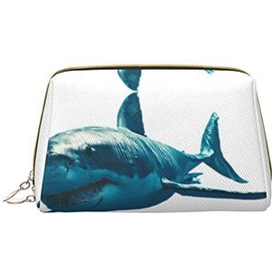 KOOLR Blauwe haaienprint make-up tas lederen cosmetische tas reisorganisator toilettas voor vrouwen en meisjes, Wit, One Size