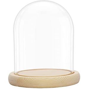 Belle Vous Glazen Stolp Pot met Blank Houten Basis - 16,2 cm Hoog - Doorzichtig Decoratieve Tafeltop Display Bak met Tray voor Fee Lichten, Kopstukken en Antieke Items