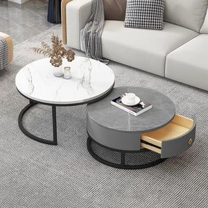 Multifunctionele salontafel, 2-delig, met opberglade for woonkamer- en slaapkamerdecoratie, leistenen marmeren textuur en metalen frame (Color : Black Frame+white+gray)