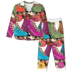RLDOBOFE Damespyjamasets met lange mouwen nachtkleding retro kleurrijke rolschaatsen1 button down nachthemden zachte pyjama loungewear, zwart, XXL