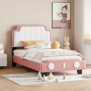 VSOGA Kinderbed, gestoffeerd bed, 90 x 200 cm, PU-leer, tweekleurig, geschikt voor jongens en meisjes, unieke styling met lattenbodem, plat bed, roze (matras niet inbegrepen)