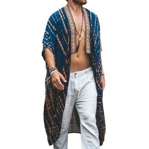 UERSJWYSO Heren Open Voorkant Lange Cardigan Cape Lichtgewicht Halflange Mouwen Bedrukt Zomer Kimono Jassen Strand Overjas,Blauw,3XL