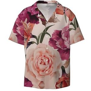 ZEEHXQ Bloemen Wall Art Print Mens Casual Button Down Shirts Korte Mouw Rimpelvrije Zomer Jurk Shirt met Zak, Roze Rose Bloem, 4XL