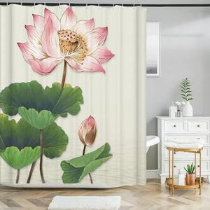 Douchegordijn Waterdicht douchegordijn met haken Chinese stijl lotusbloemen bedrukt badkamer polyester douchegordijn woondecoratie(120x280cm(47x110in))