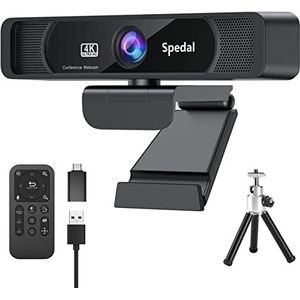 Spedal 4K UHD-webcam met ingebouwde AI-ruisonderdrukking, dubbele microfoons, 120 ° groothoek, zoombare webcam met afstandsbediening en softwarecontrole voor conferenties/streaming/online onderwijs