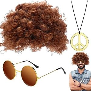 Afro pruik zonnebril,Set met accessoires voor hippiekostuums voor heren - 3 stuks 50/60/70s thema feestartikelen decoraties voor mannen en tieners Yuab