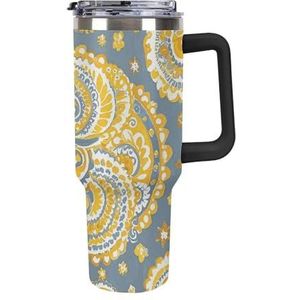 RTFGHJS 40 oz Tumbler Geel Paisley Patroon Geïsoleerde Tumbler Reizen Koffiemok met Rietjesdeksel Roestvrijstalen Waterfles Vacuüm Geïsoleerde Tumbler voor Sport Werk Auto Reizen Weekends