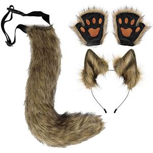 Set oren en handschoenen en vossenstaart, imitatiebont, wolvenstaart, kattenoren voor Halloween, Kerstmis, feest, kostuum, speelgoed, cadeaus voor volwassenen en vrouwen