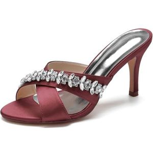 SYDZSW Ivoor trouwschoenen met naaldhak, bruidsschoenen, hoge hakken, satijn, sandaal, riem met strass, 35-42, Bourgondië, 35 EU
