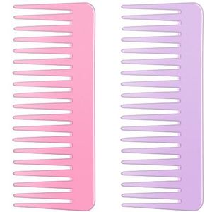 Brede tandenkam voor lang haar, krullend haar, nat haar, geen handvat ontklitteringskam styling shampoo kam (2 stuks - roze, paars)