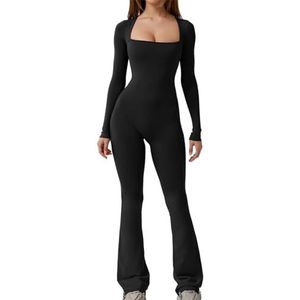 Alinelle Bodycon, eendelig jumpsuits met lange mouwen, vierkante hals, rekbaar, yogalakje, unitard, speelpak, fitness, workout, sportoutfits, D-zwart, M