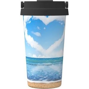 Hartvorm Romantische Strand Print Geïsoleerde Koffiemok Tumbler, 500 ml Reizen Koffie Mok, voor Reizen Kantoor Auto Party Camping